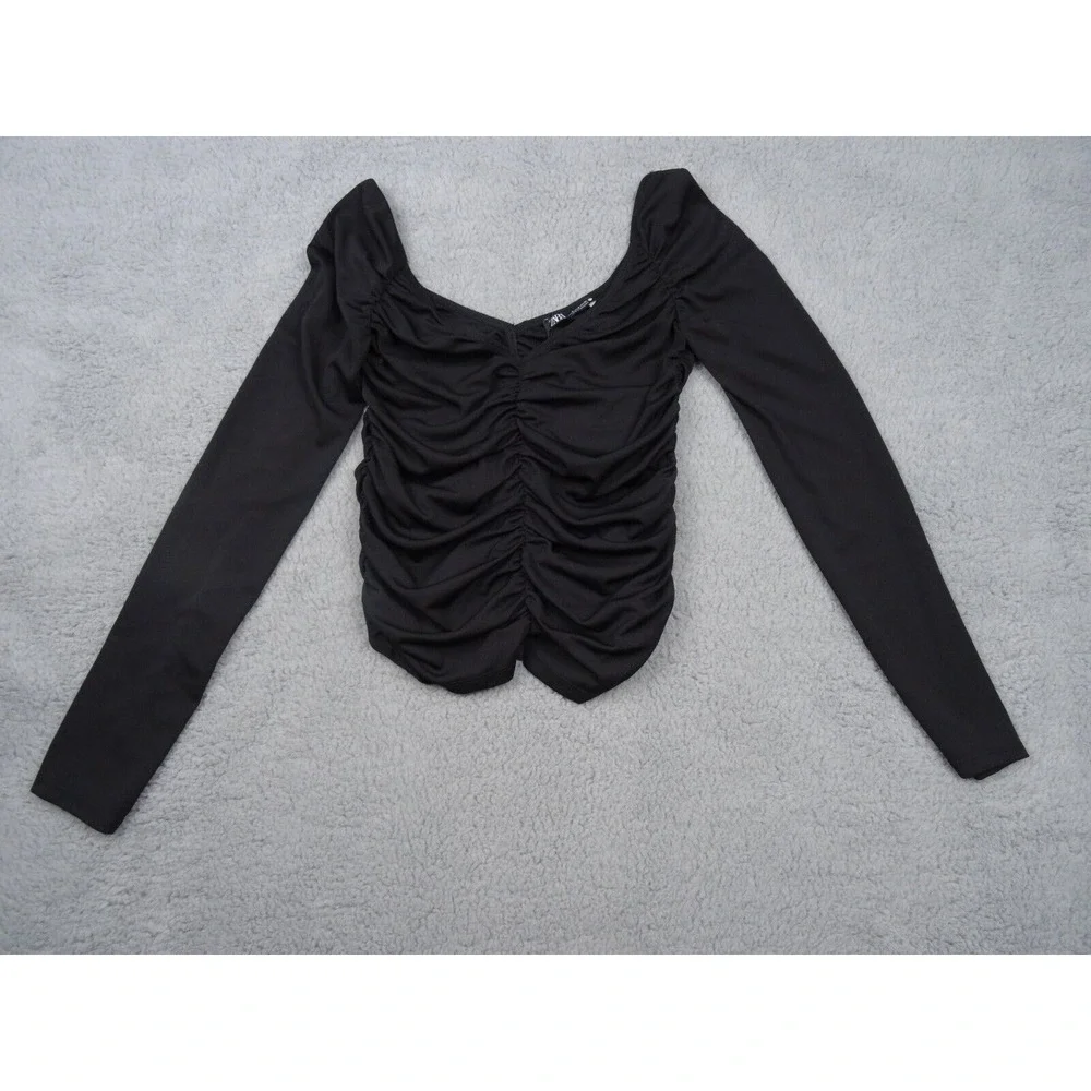 Zara Womens Top Size Small Black Ruched Front Back Long Sleeve Double V-Neck NWT